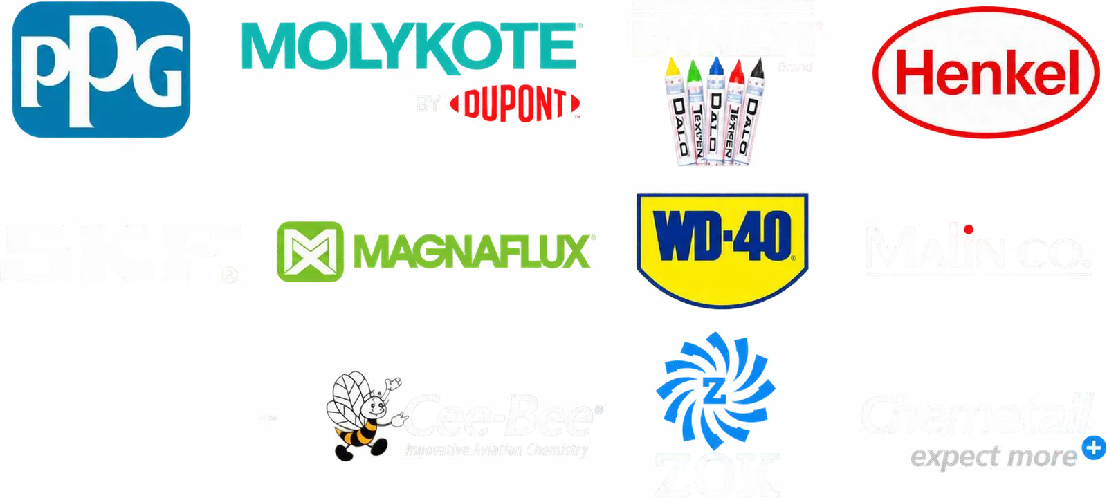 Brands including PPG, Molykote, Henkel, SKF, WD-40, ZOK and Chemetall