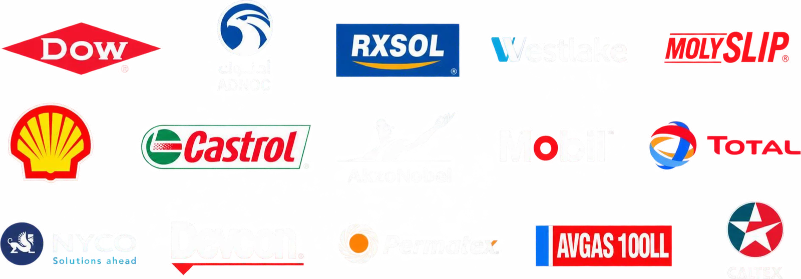 Brands including Dow, Shell, Castrol, Mobil, Total, NYCO and Permatex