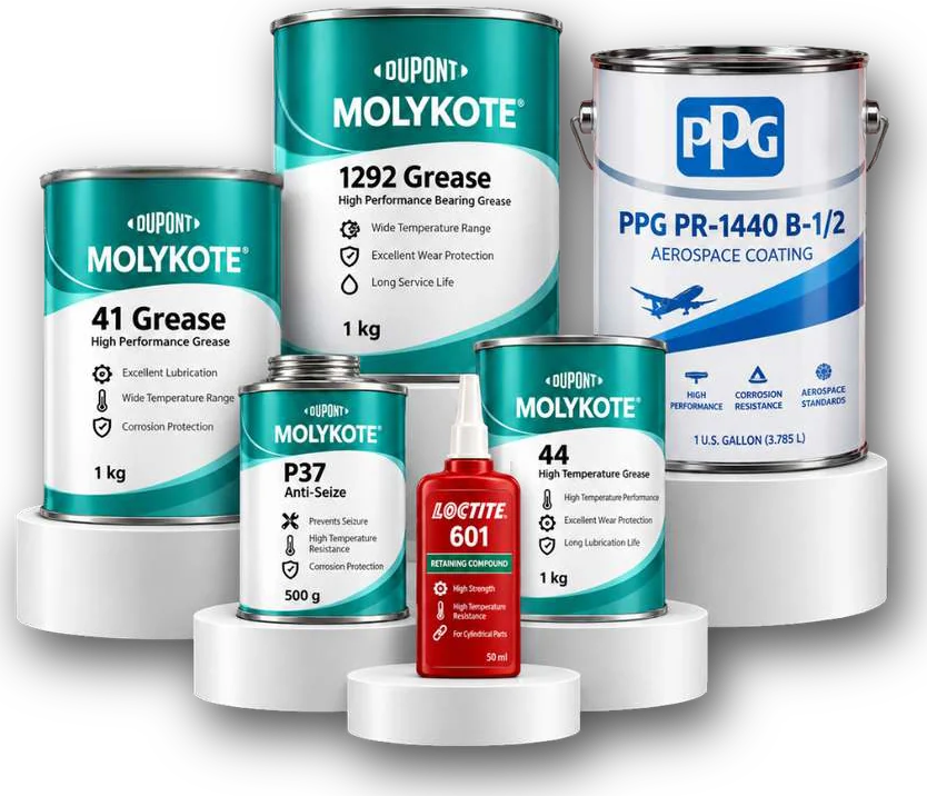 Molykote greases, Loctite 601 and PPG aerospace sealant
