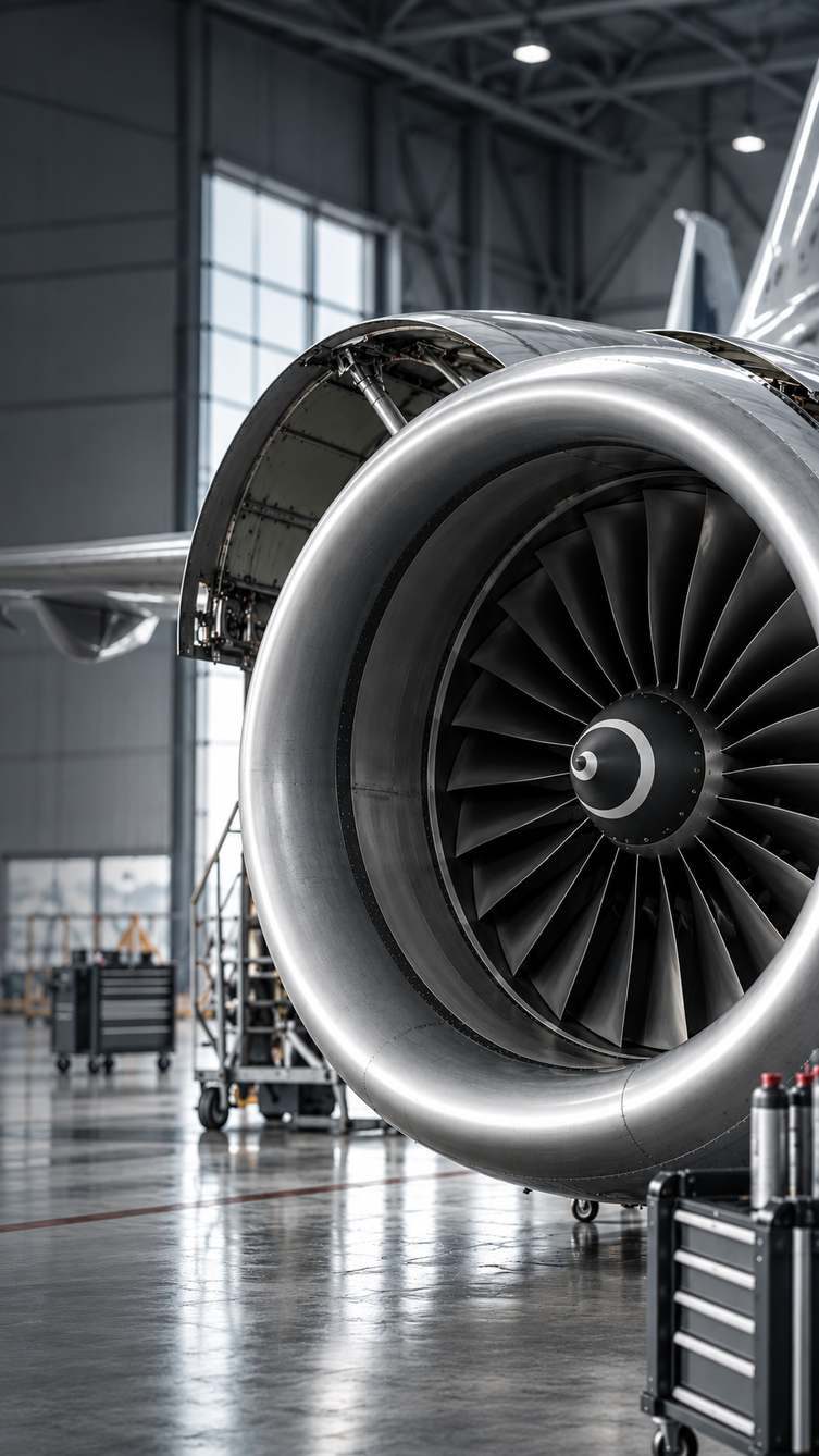 Turbofan engine in an aircraft maintenance hangar